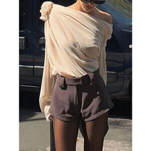 Wicked Silk Beige Chiffon One Shoulder Flower Elegant Chic Top - S